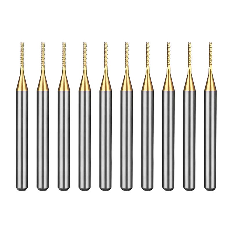 WEXWE Tools 10Pcs 0.8mm TiN Coating Solid Carbide End Mill Engraving Milling Cutter CNC Router Bits for PCB Machine, 1/8" Shank 1BOX - Image 1